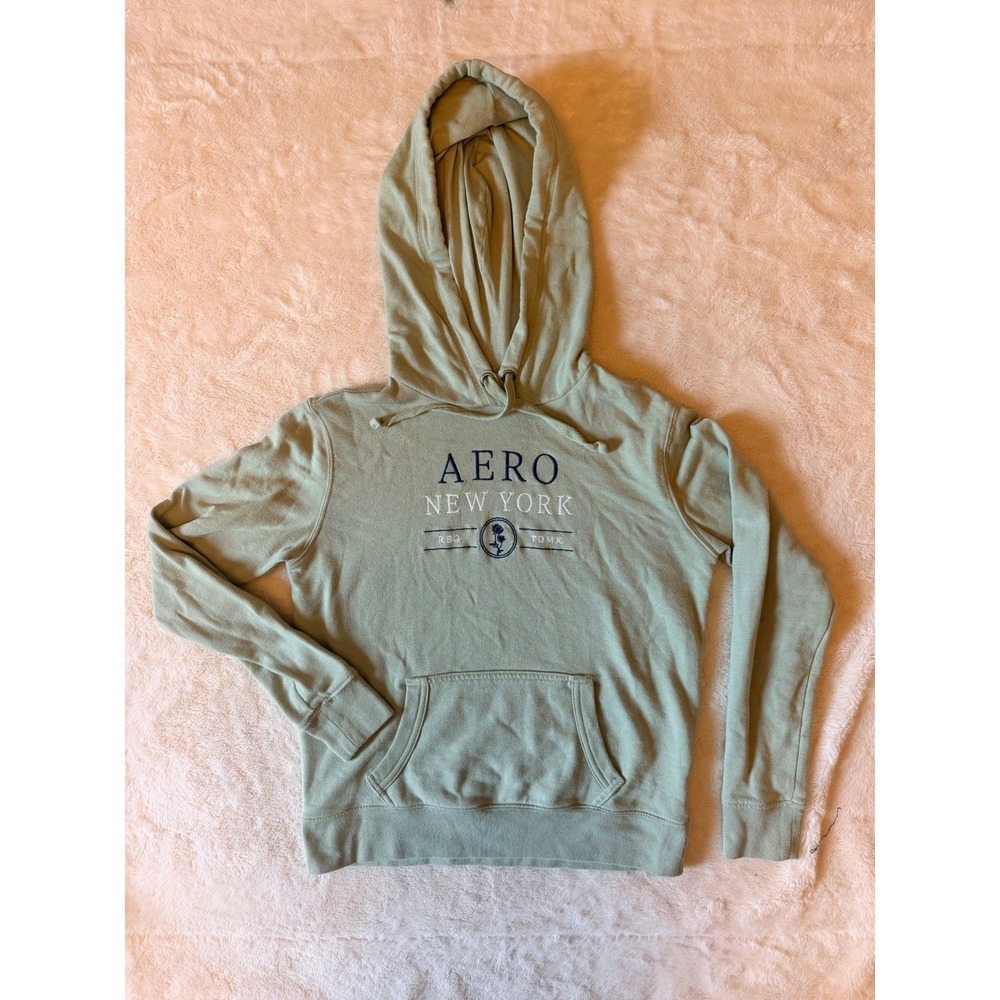 Aeropostale XS Sage Green Aero New York Rose Graphic Fleece Hoodie Sweatshirt